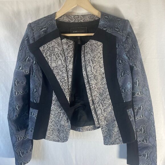 BCBGMaxAzria Edward Black/Blue/White Snake Print Zip Front Blazer Sz M - Picture 2 of 11